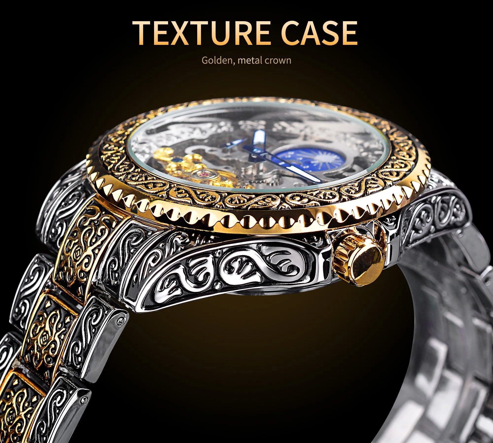Forsining skeleton carved tourbillon mechanical watch with stainless steel case and band