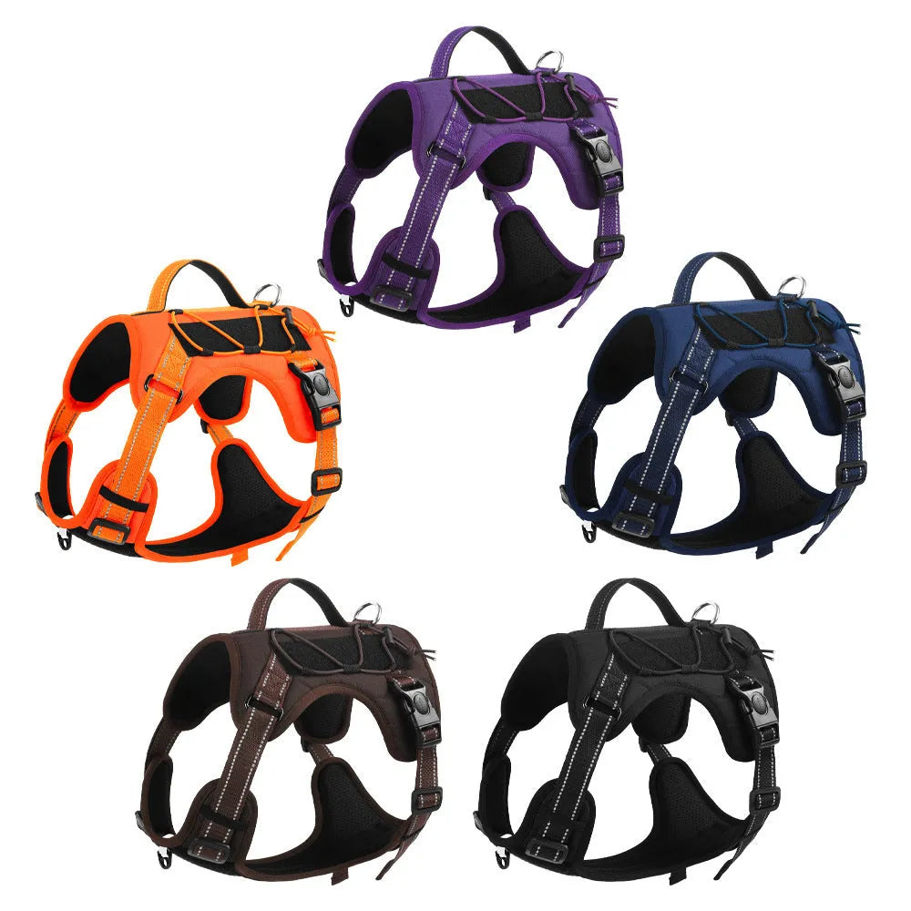 Orange reflective dog vest harness with a black full-handle grip rope attached.