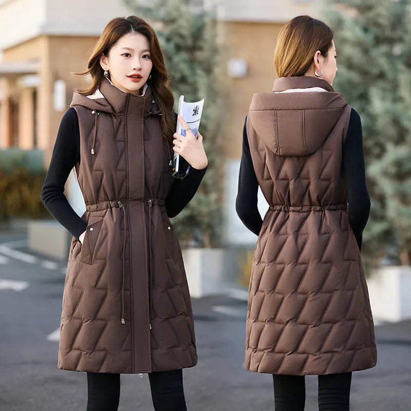 Women's loose fit cotton down vest in solid colour with polyester padding on a white background