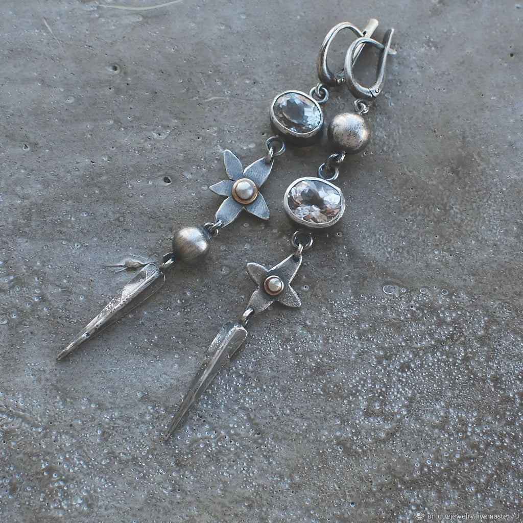 Geometric long pendant earrings with XINGX design and rhinestones in antique silver