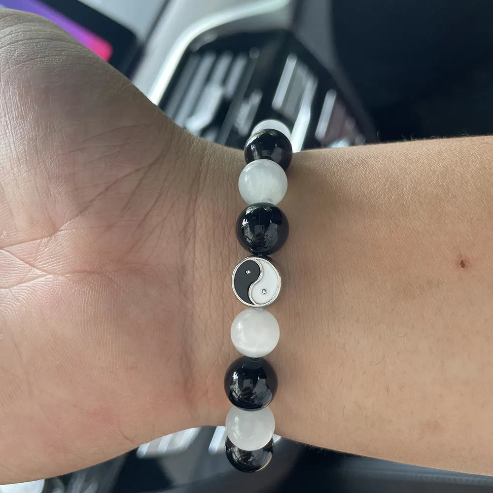 Natural stone Tai Chi bracelet with 10mm opal and black agate beads, polished finish, unisex Chinese style design