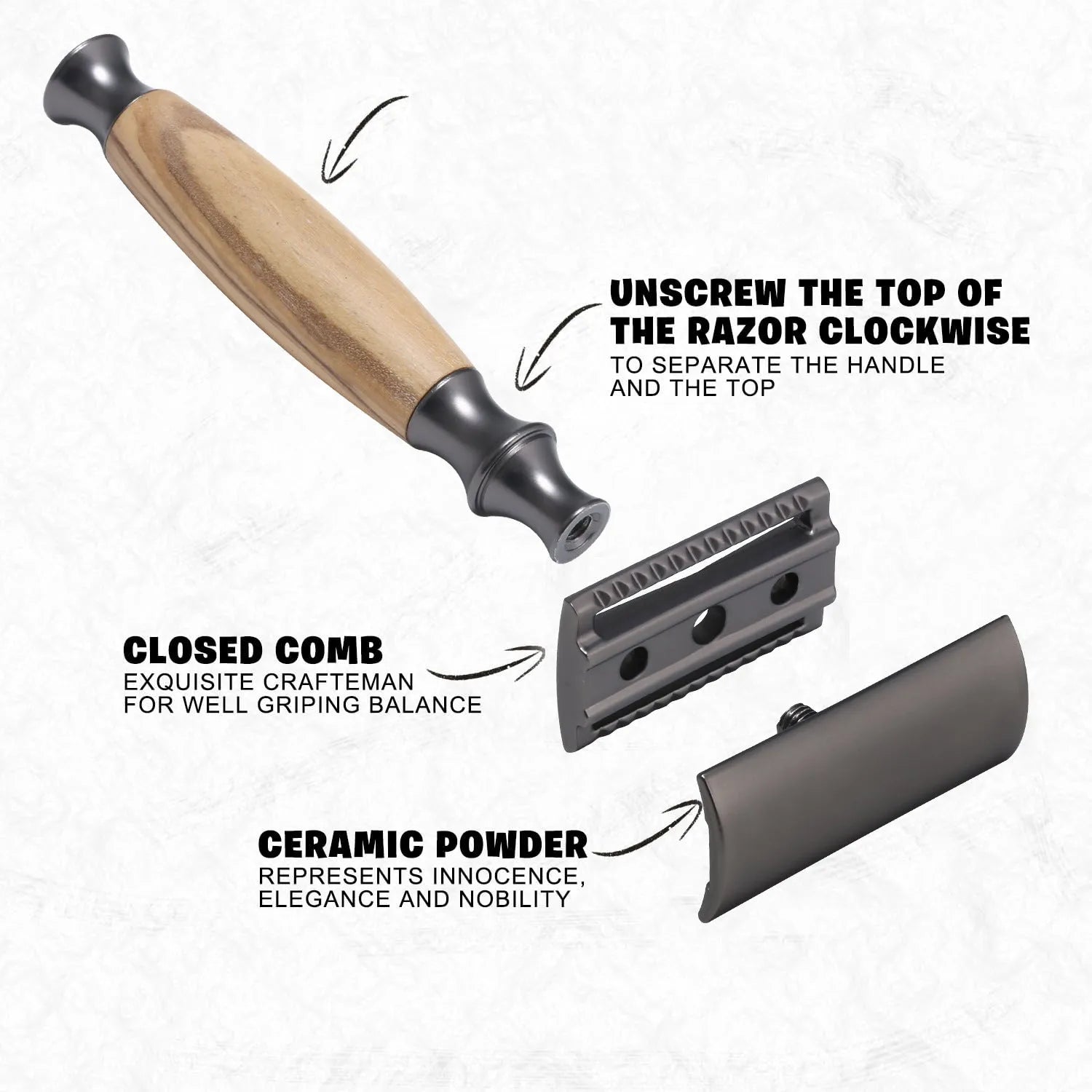 Men's traditional copper manual shaving razor with olive wood handle and metal components