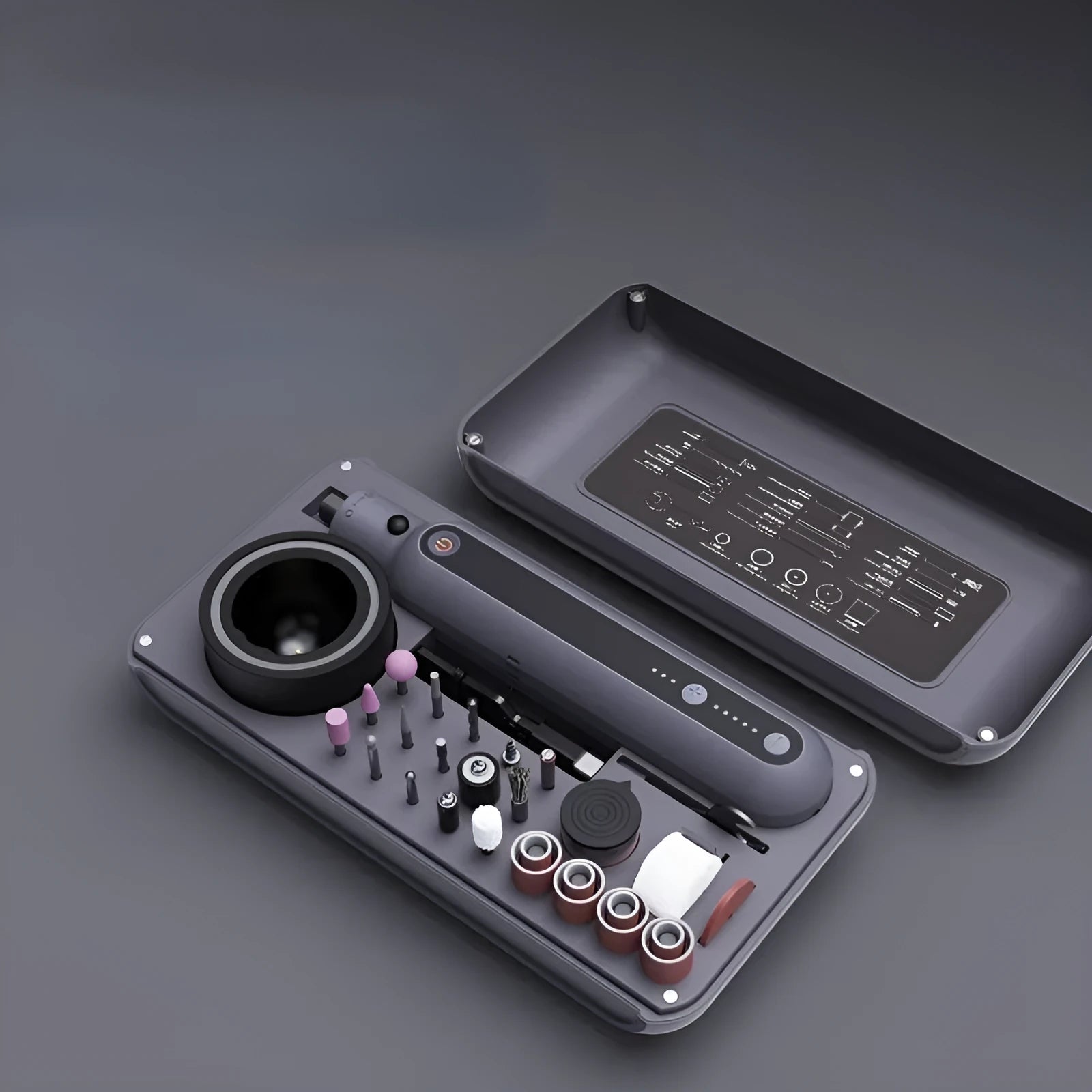 Mini electric polishing and cutting grinder set with lithium battery on a workbench.
