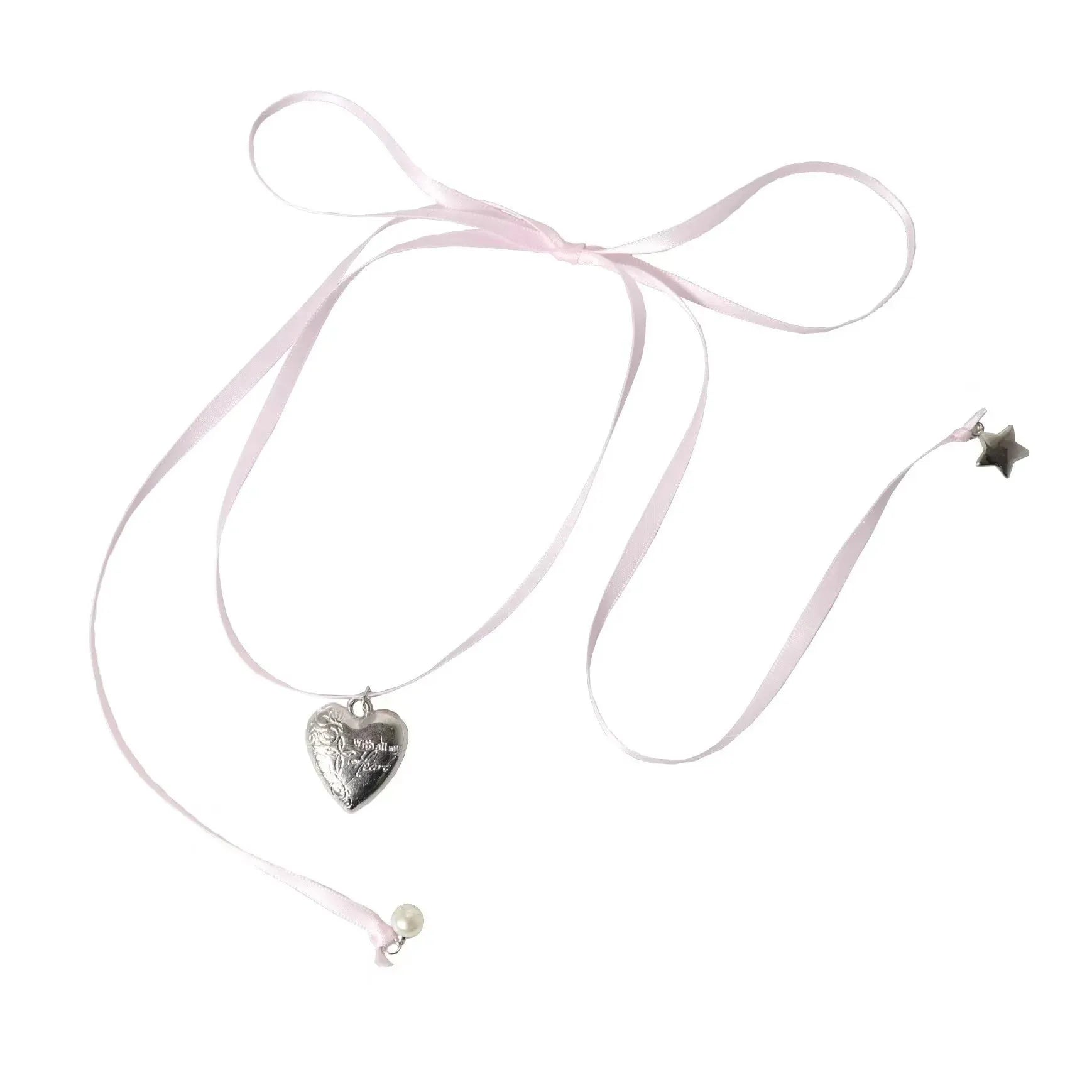 Women's alloy necklace with love pendant and ribbon charm on clavicle chain in electroplated finish