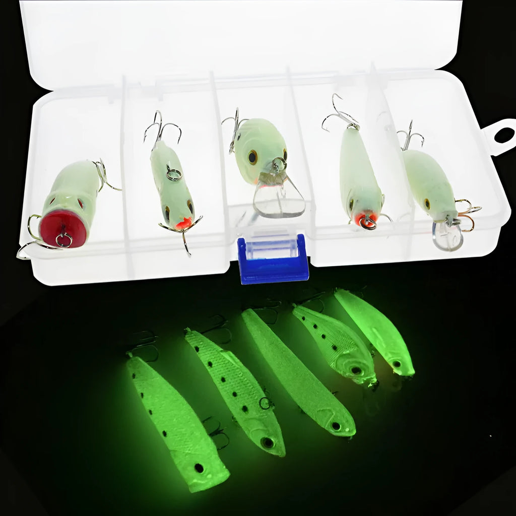 Five 3D fluorescent hard fishing lures with luminous design in multi-colour set