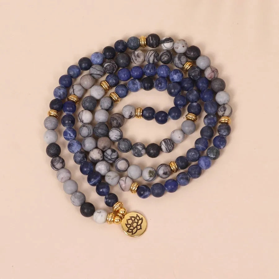 Blue patterned network stone beads on multi layer alloy bracelet