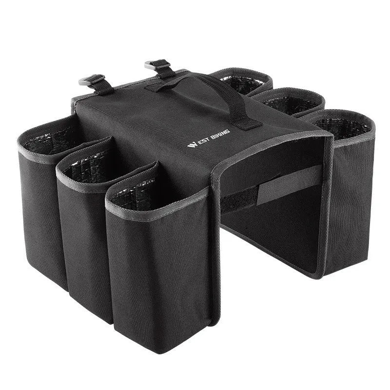 Bicycle handlebar-mounted drink holder bag in black with water bottle inserted