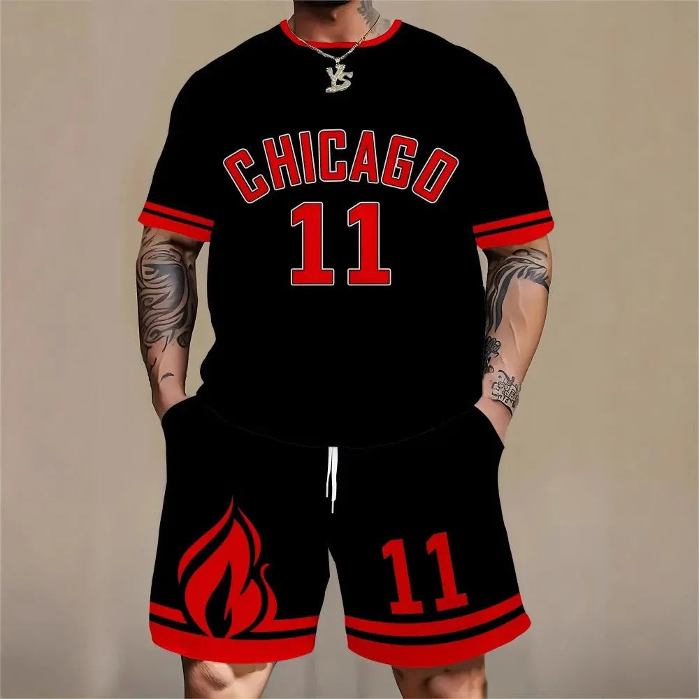 Men's 3D printed letter sportswear suit with short sleeve top and matching shorts in polyester fabric