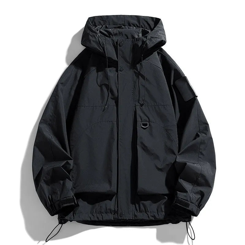 Men's black waterproof hooded jacket with long sleeves, shown in regular length fit.