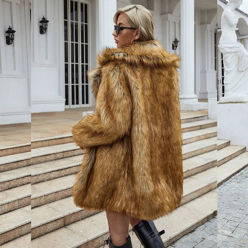 Yellow artificial fur women's coat with regular sleeves and knee-length design