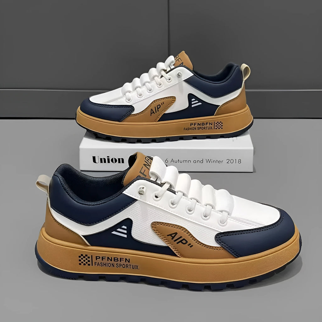 Men's casual shoes with round toe and artificial PU upper in white with orange, black or brown accents