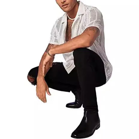 Men's black knitted short-sleeved cardigan shirt with jacquard pattern and button front.