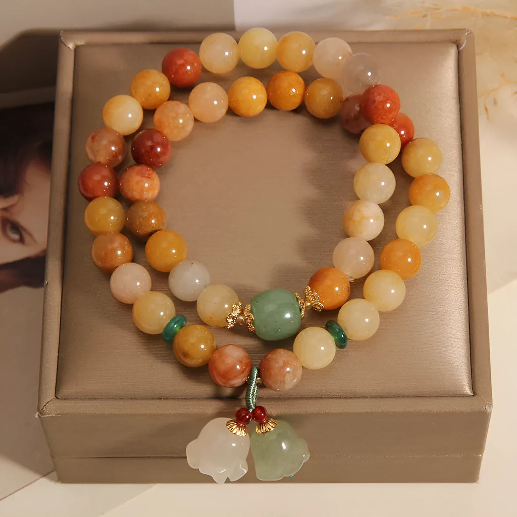 Natural Jinsi Jade multi-layer women's bracelet with orchid pendant charm on adjustable cord