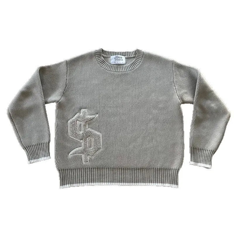 Grey loose-fitting acetate knitwear coat with jacquard pattern and long sleeves.