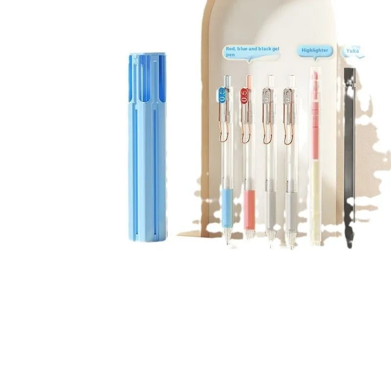 Plastic pencil box kit for six or sixteen pens in sky blue, white, or pink colours