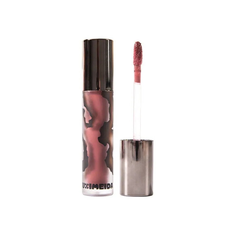 Matte liquid lipstick tube showing five colour options including orange brown coffee and jujube red