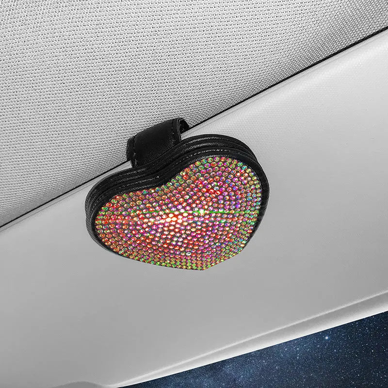 Diamond-encrusted PU leather magnetic clip for car sun visor holding sunglasses