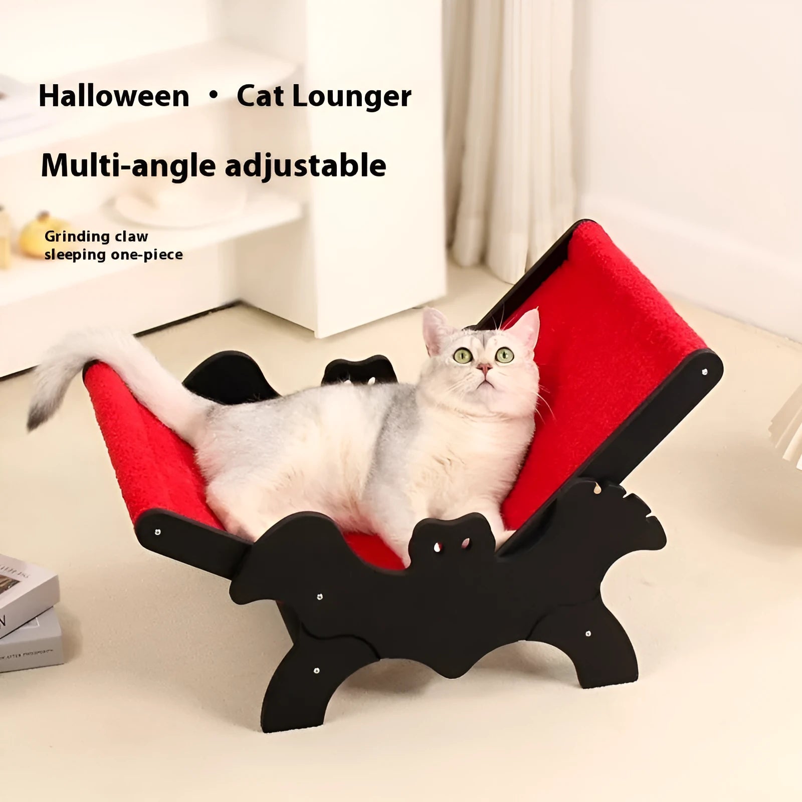Wooden cat recliner lounge chair with black and red Halloween colour scheme