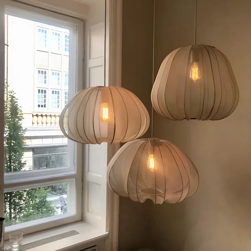 Japanese style net pumpkin ceiling lamp with iron construction and LED tricolour lighting
