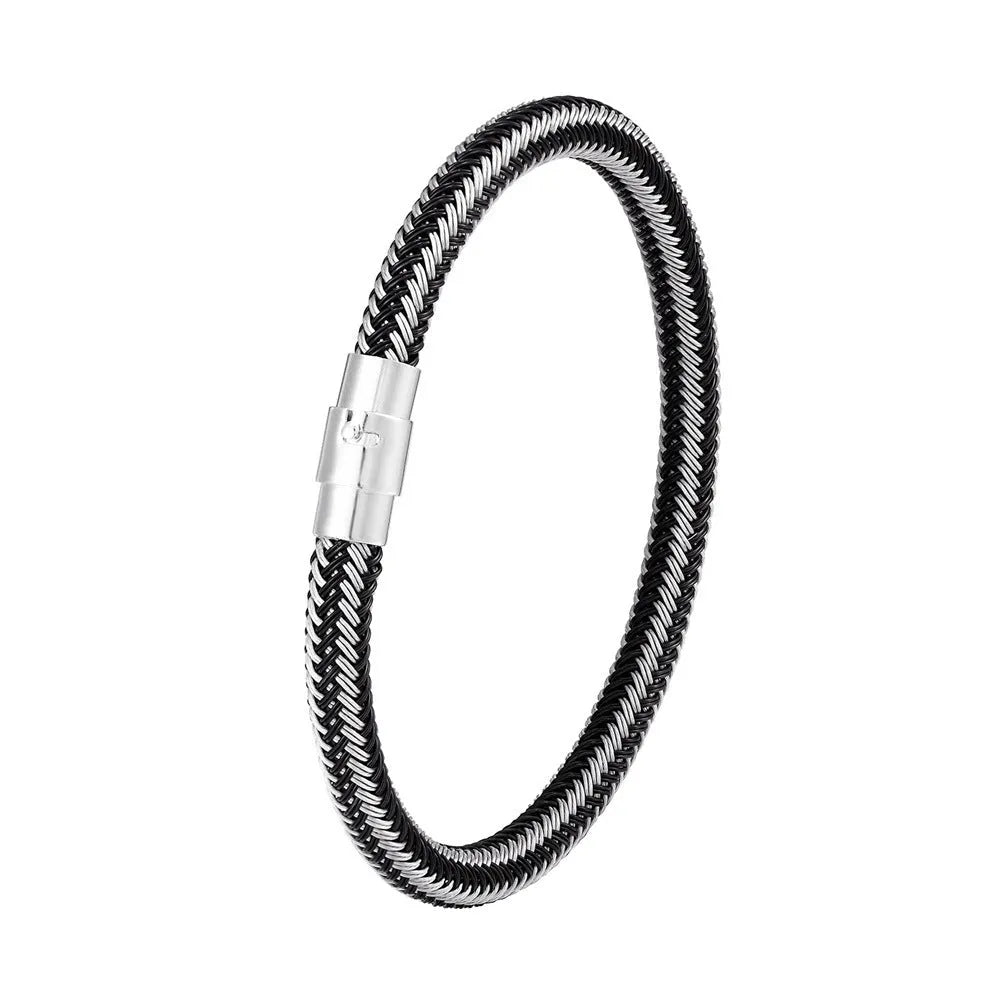 Titanium steel geometric wire bracelet with a magnetic clasp shown on a wrist.
