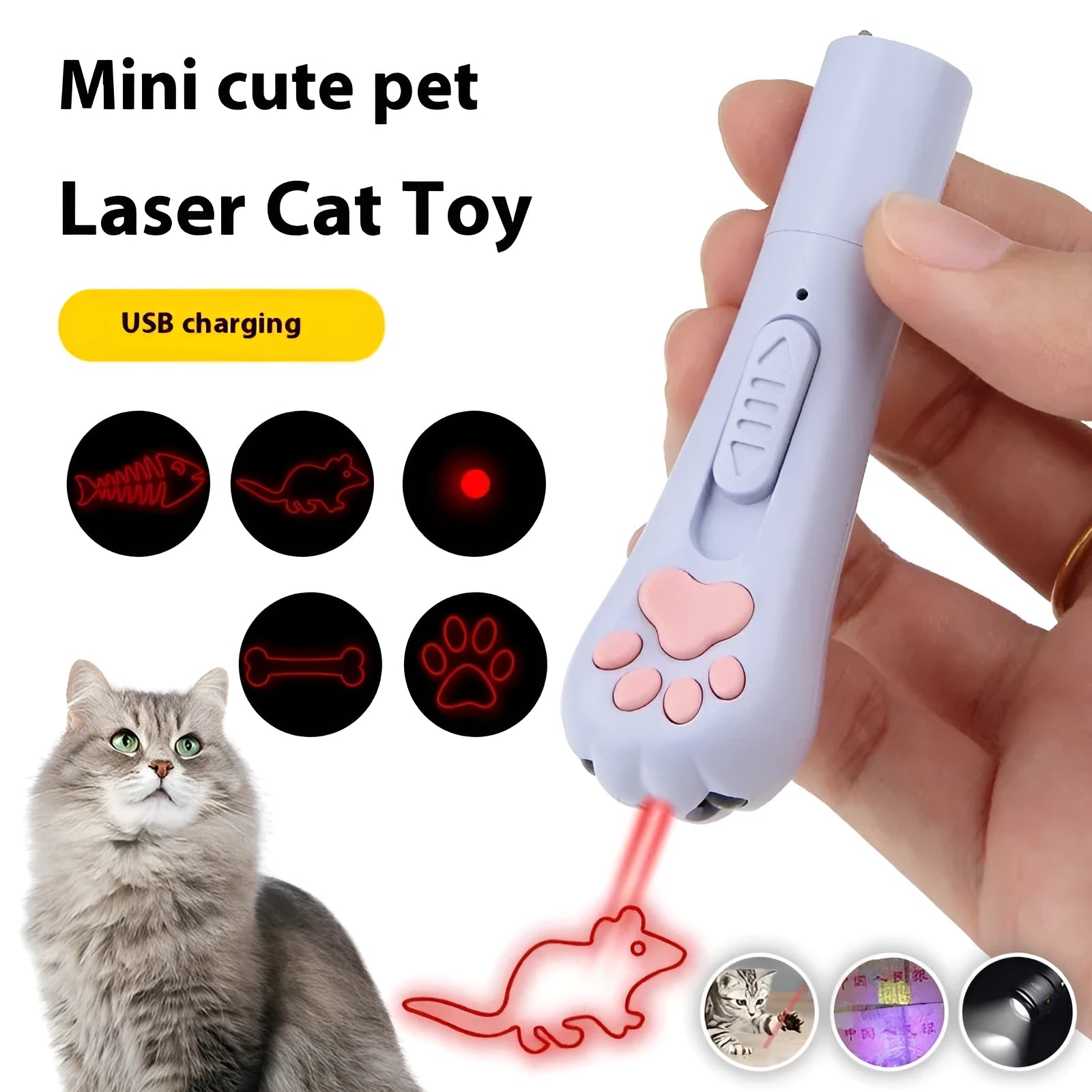 Infrared cat teasing stick with laser patterns showing cat footprints design in blue colour option