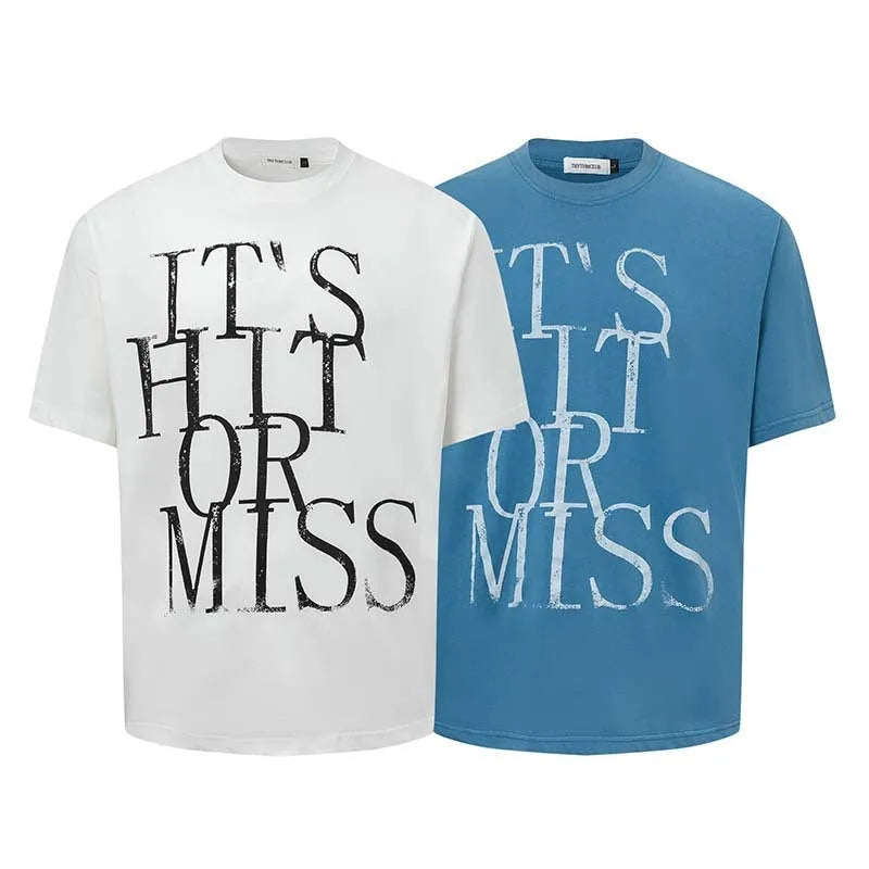 Men's blue American retro letter print loose fit cotton blend T-shirt front view