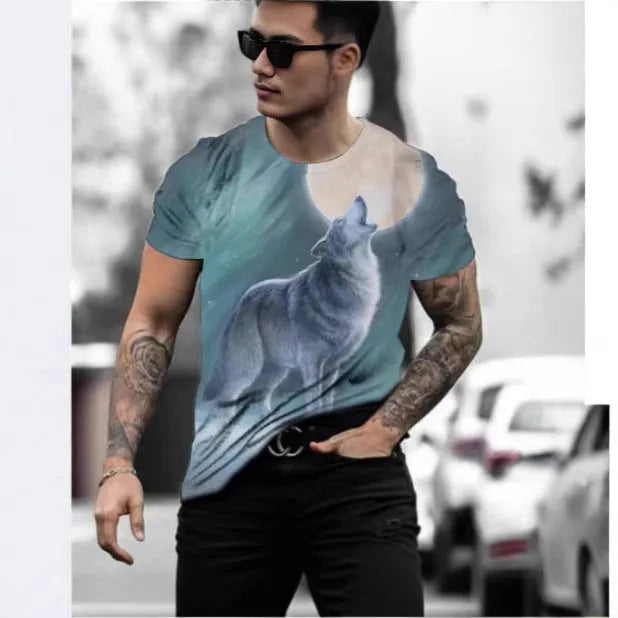 Men's grey T-shirt with a retro-style 3D digital print of an animal graphic on the front.