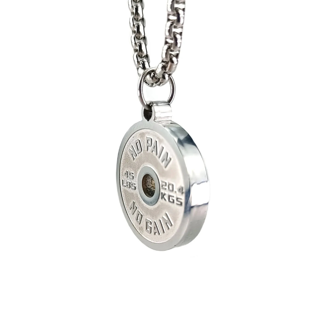 Stainless steel barbell disk necklace with geometric pendant on 60cm chain options