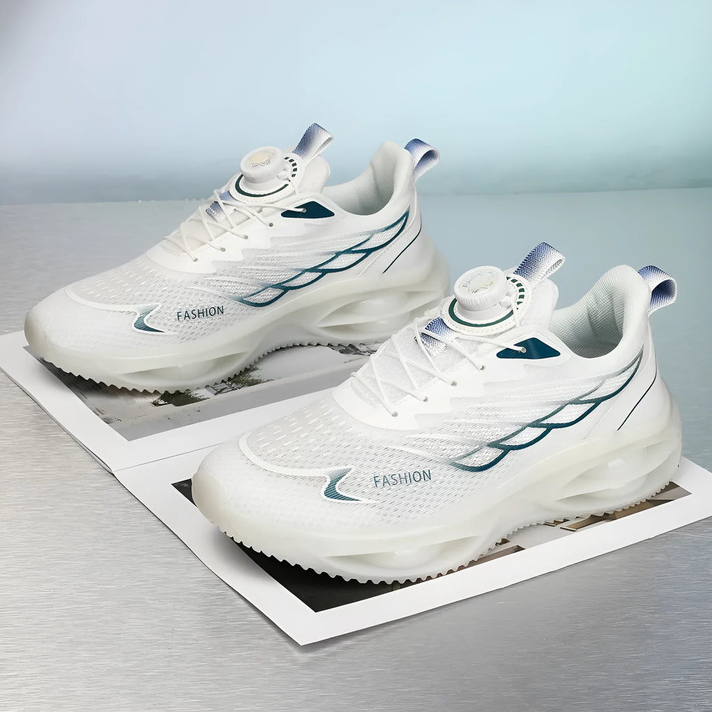 Low-top breathable running shoes in black gold, sky blue, and white colours with a rubber sole.
