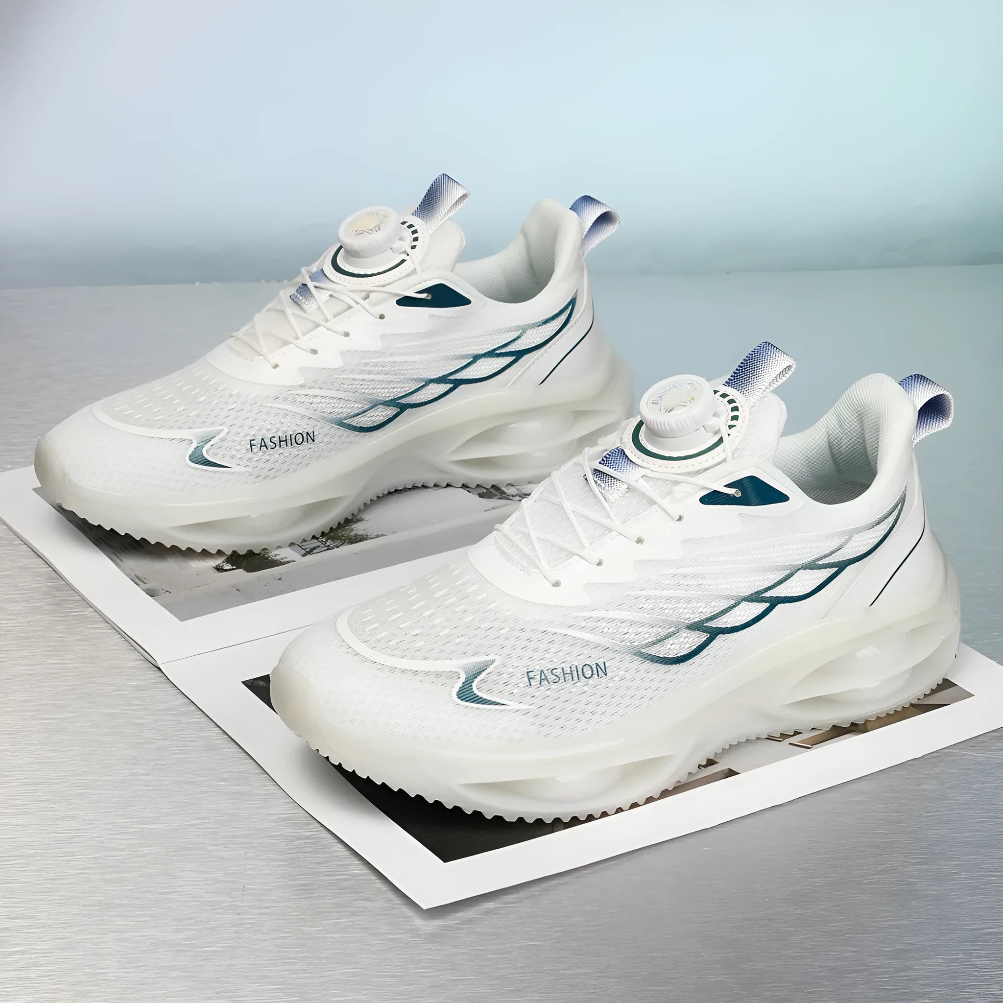Low-top breathable running shoes in black gold, sky blue, and white colours with a rubber sole.