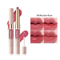 Double-ended lipstick and lip gloss stick showing matte lipstick bullet and glossy applicator