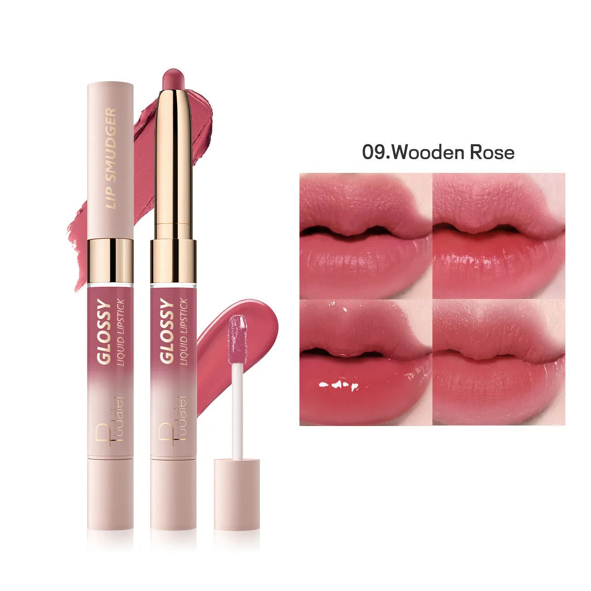 Double-ended lipstick and lip gloss stick showing matte lipstick bullet and glossy applicator