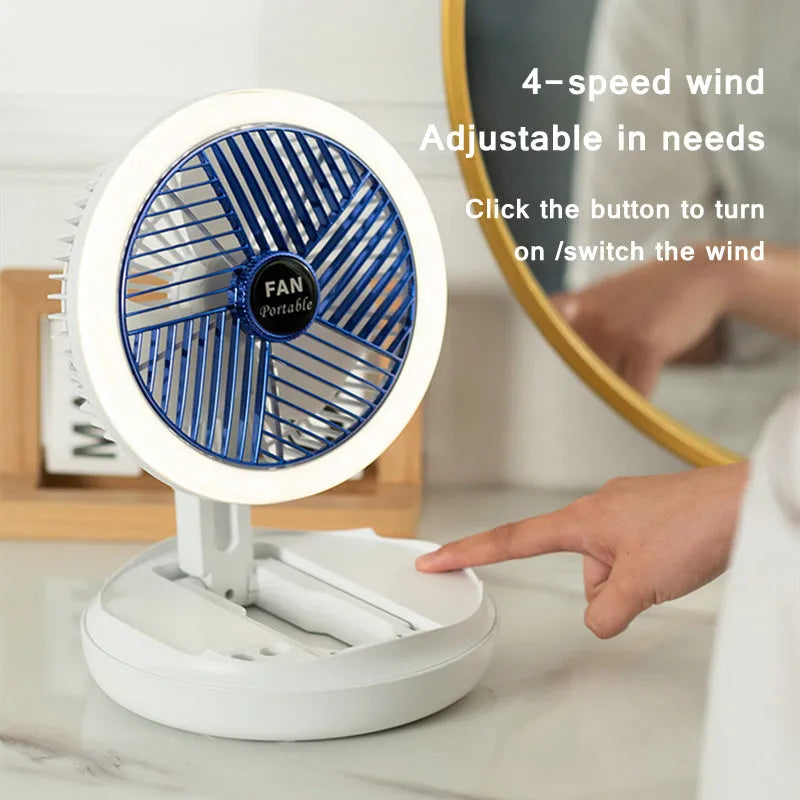 Blue or grey USB charging foldable table fan with LED light in desk, wall, ceiling or hanging configuration