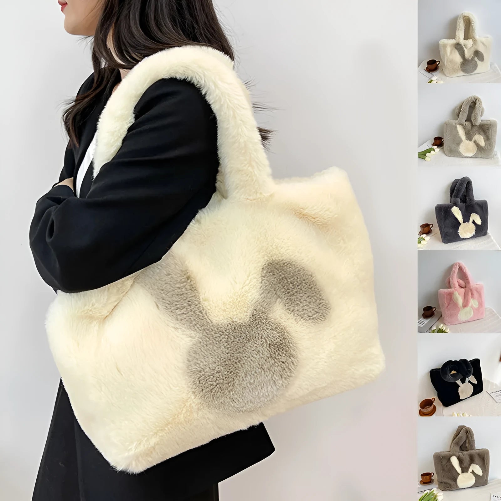 Cartoon rabbit ears plush tote shoulder bag in solid colour with large capacity