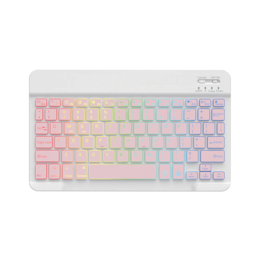10-inch wireless Bluetooth keyboard with colourful backlit keys shown in a selection of case colours.