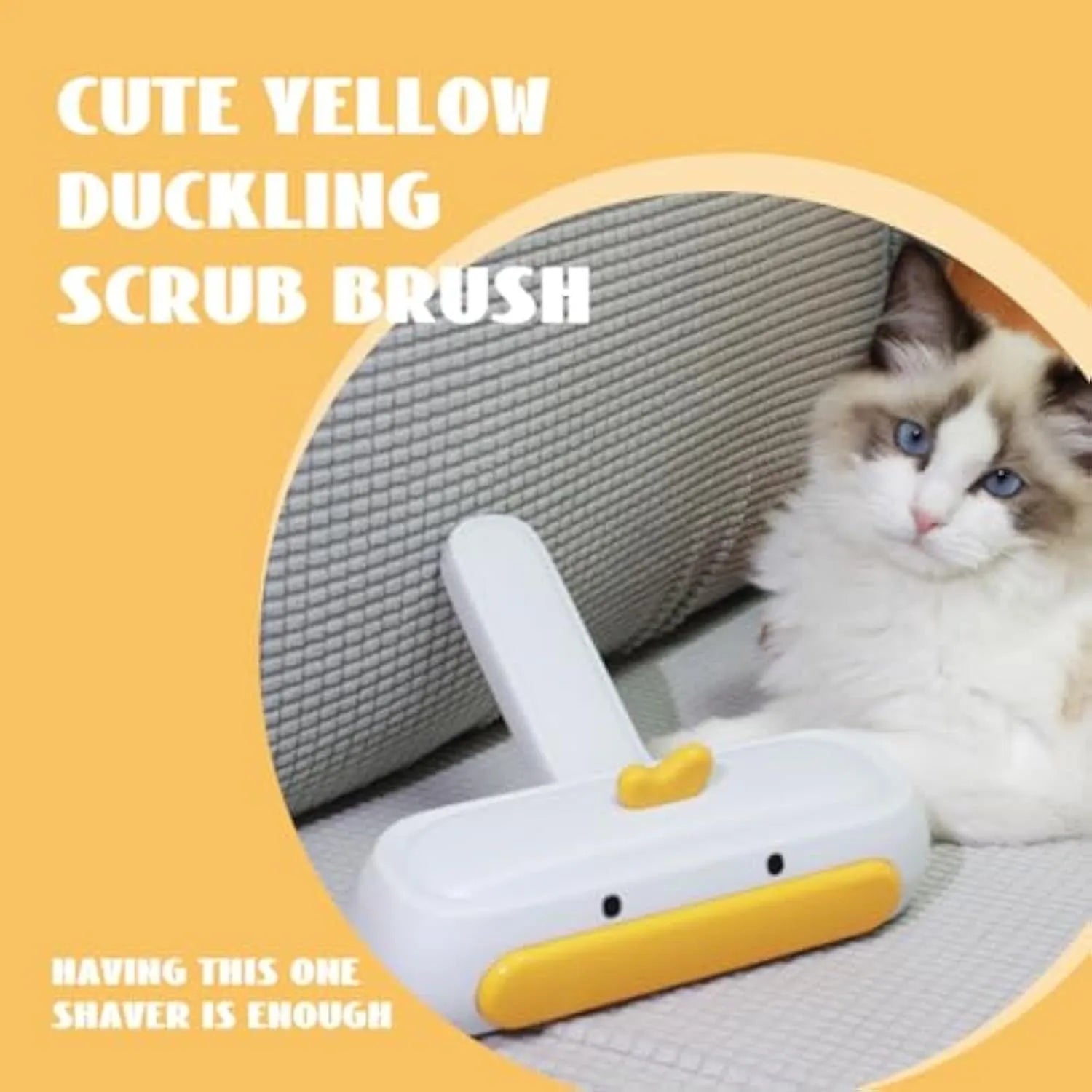 White portable pet hair remover roller with yellow duck design and polyester bristles for furniture and car seats