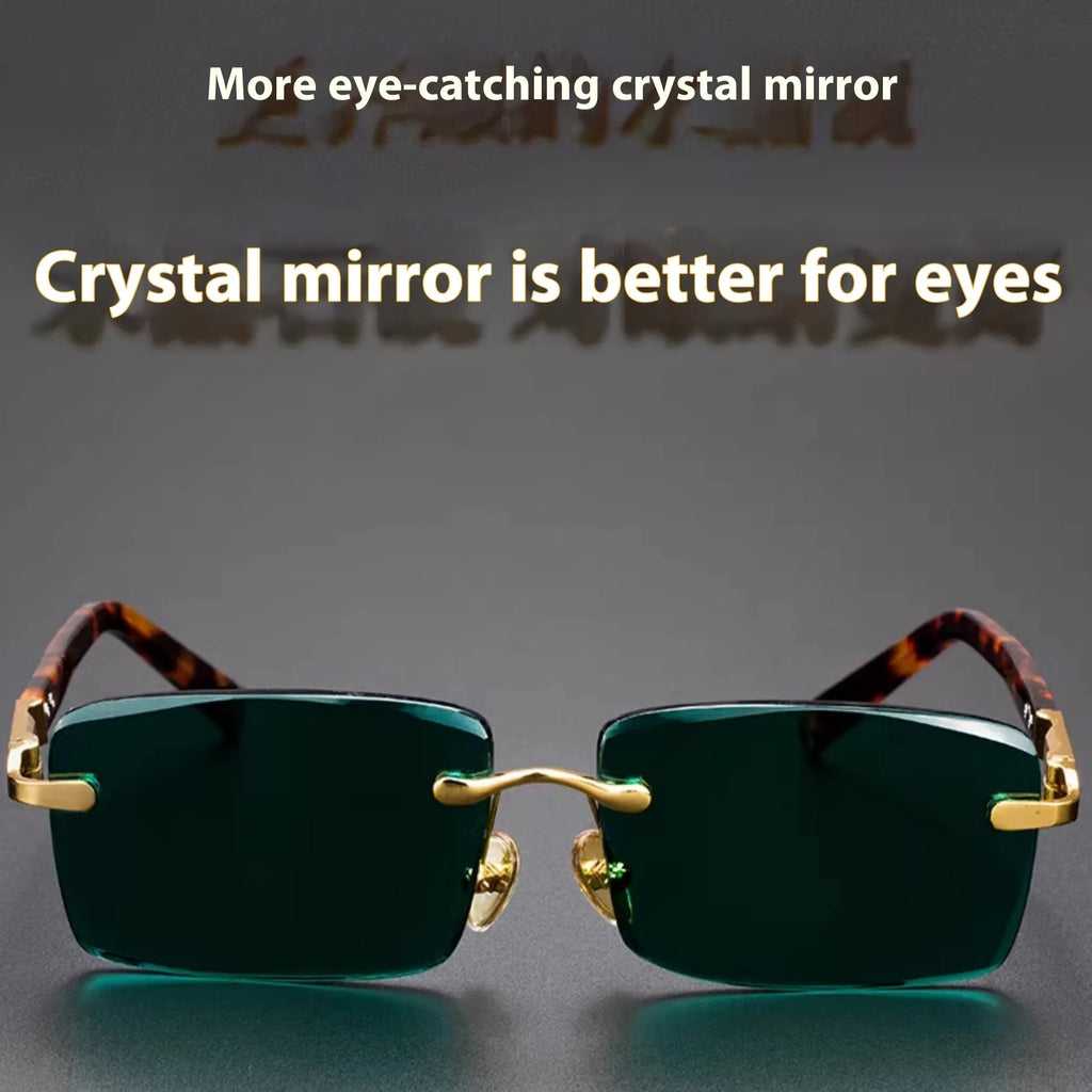 Pair of dark green frameless crystal sunshade glasses with case and cleaning cloth