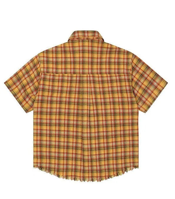 Yellow grid plaid shirt with embroidery pocket in loose-fit short sleeve design