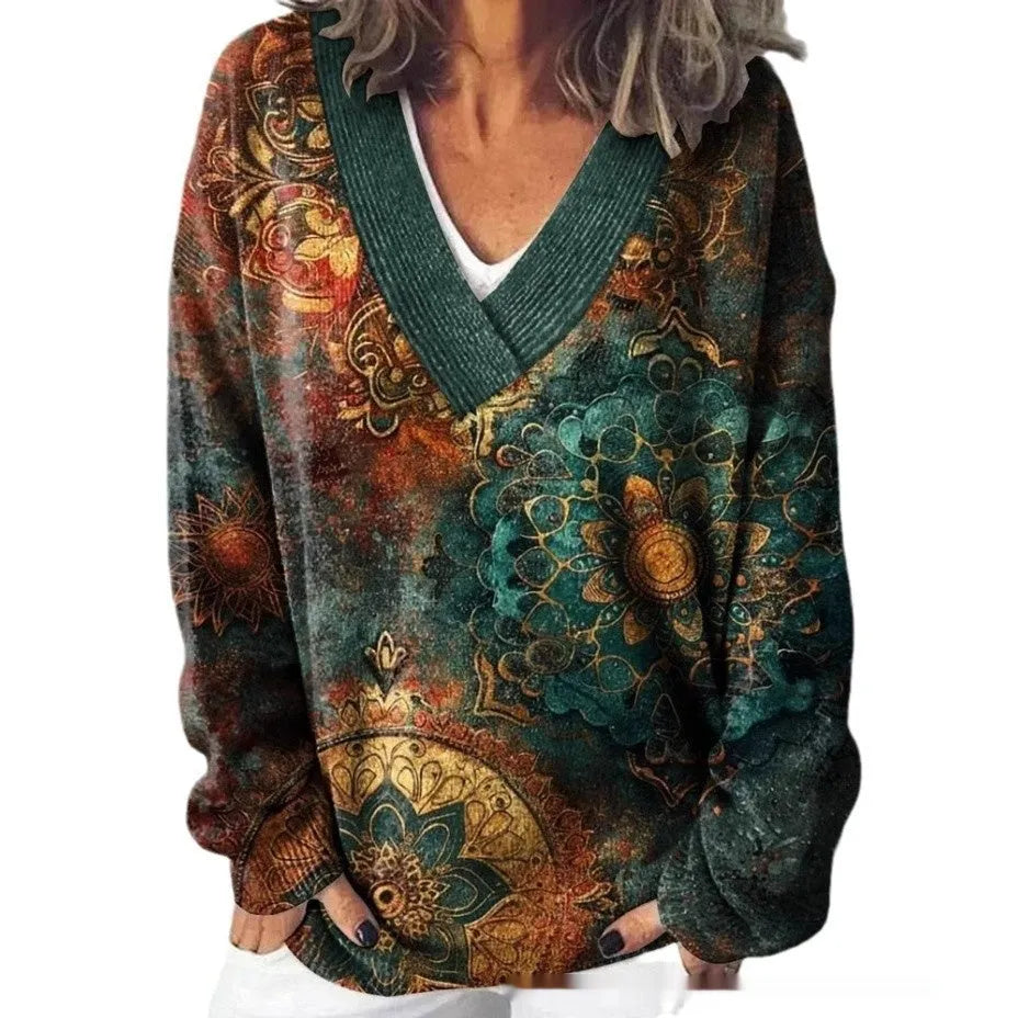 Women's V-neck long sleeve sweatshirt with a full-coverage 3D floral printed pattern in an art retro style.