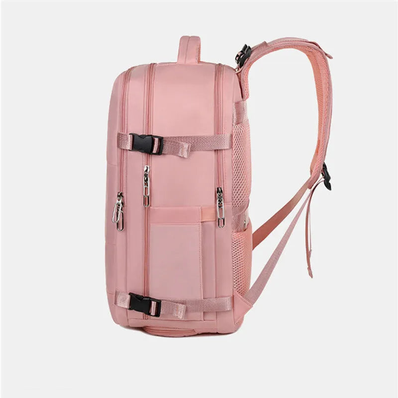 Purple women's travel backpack with multiple compartments and air pillow belt system