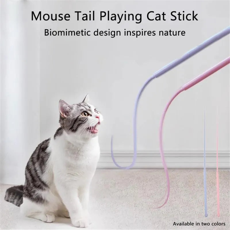 Blue simulated mouse tail cat teaser toy with silicone tail and cat head design