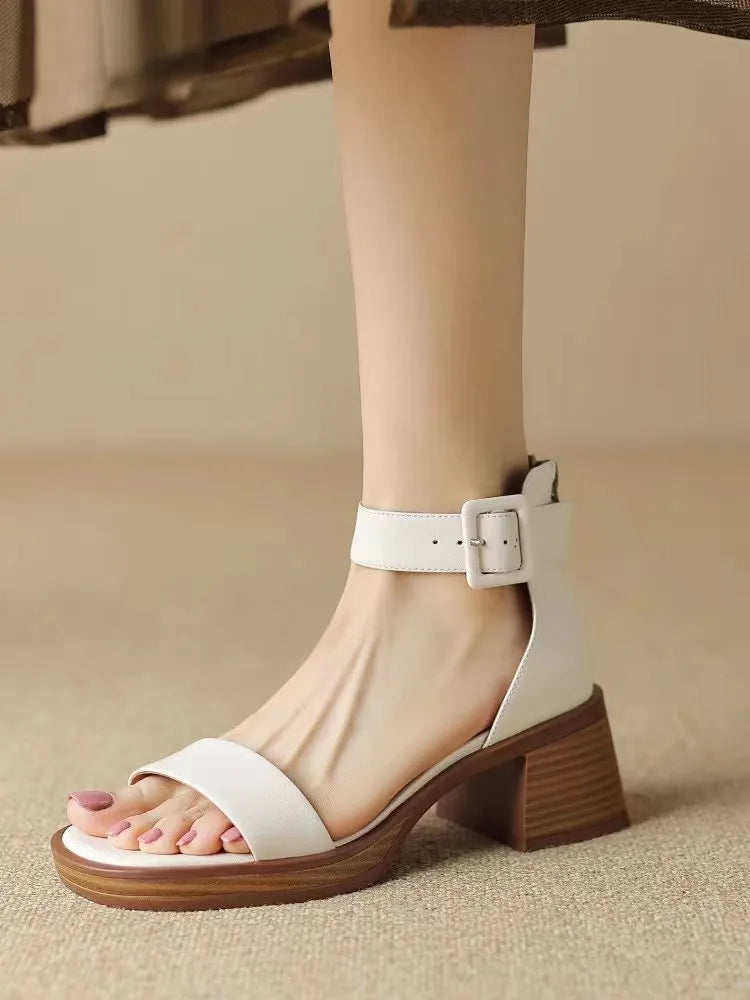 Retro women's platform high heels with ankle strap in white or khaki colour