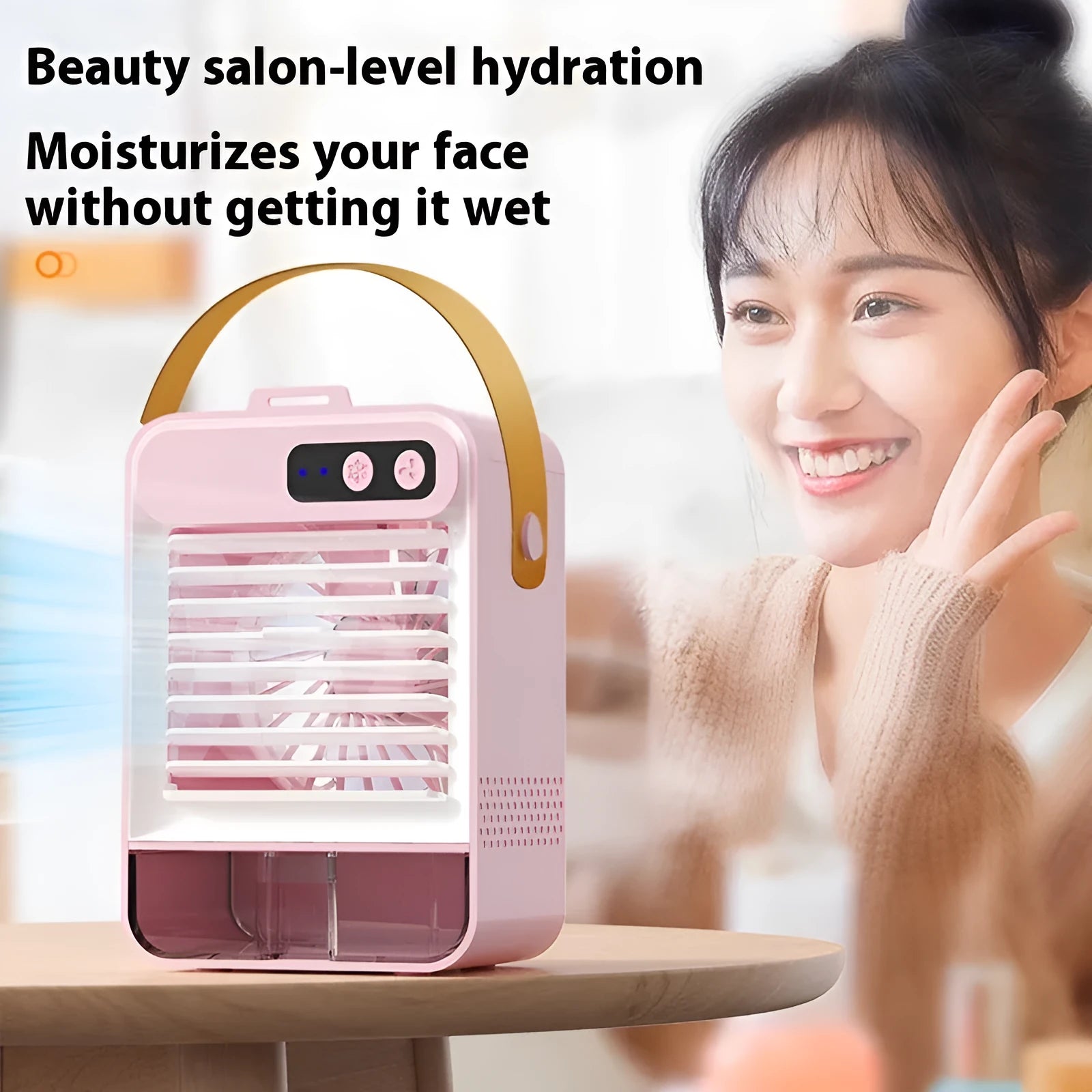Compact dark green desktop humidifier with USB port and control panel, dimensions 19x12.5x10cm.