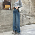 Women's retro blue high-waisted straight leg denim jeans on a neutral background.