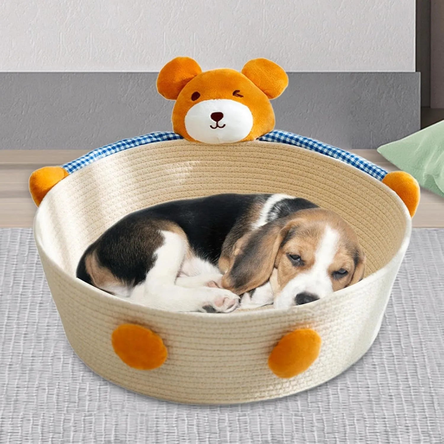 Woven cotton rope cat bed basket with integrated scratching pad in three size options