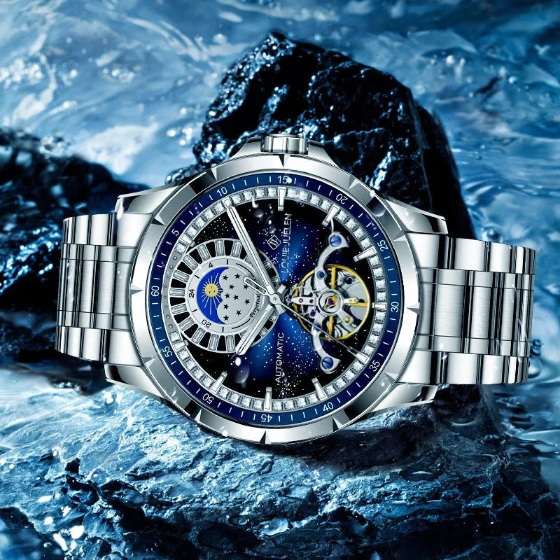 Men's silver alloy automatic business watch with blue dial and stainless steel strap showing waterproof design