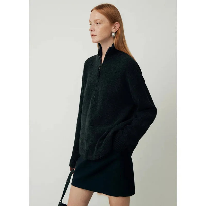 Women's loose lapel bandage dress top in wool blend, long sleeve pullover in black or grey