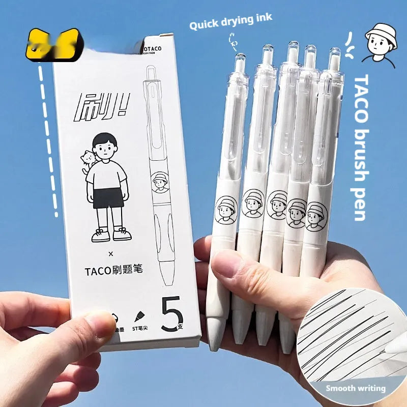 Five white plastic ballpoint pens with black ink and 0.5mm tips for writing and signatures.
