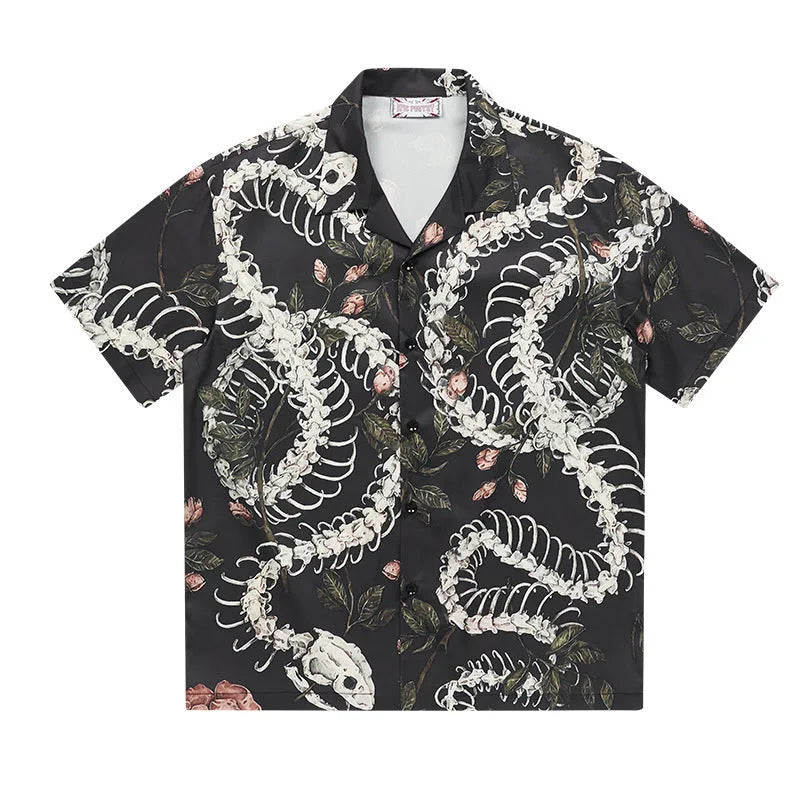 Short sleeve Cuban collar shirt with snake bone and floral pattern print in loose fit design
