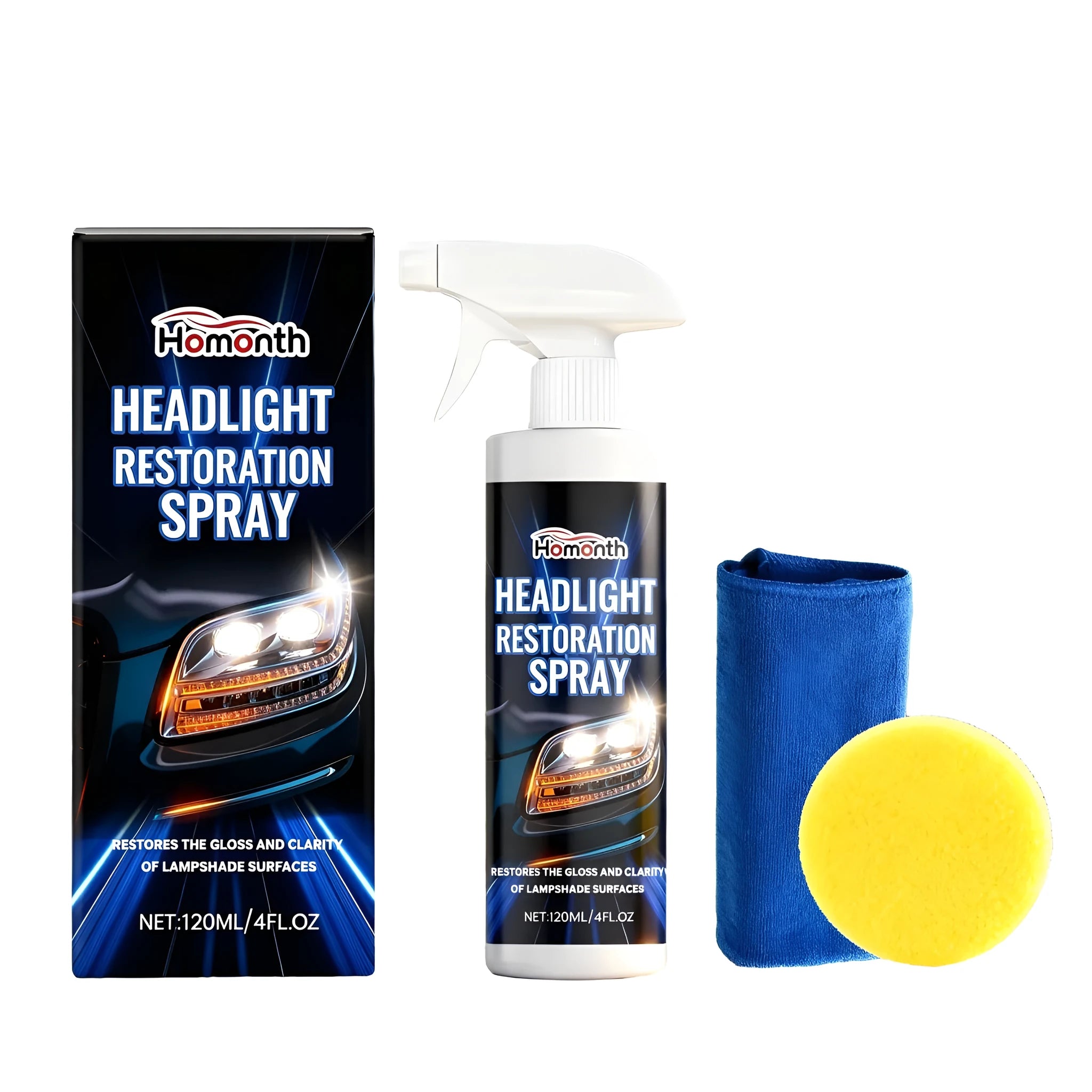 HOMONTH 120ml headlight restoration spray bottle with sponge and cleaning cloth